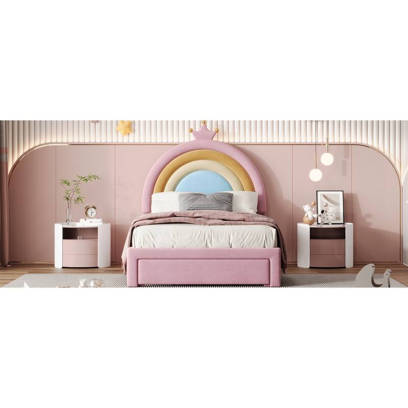 Twin Size Rainbow Velvet Platform Bed with Storage Drawer, No Box-Spring Needed