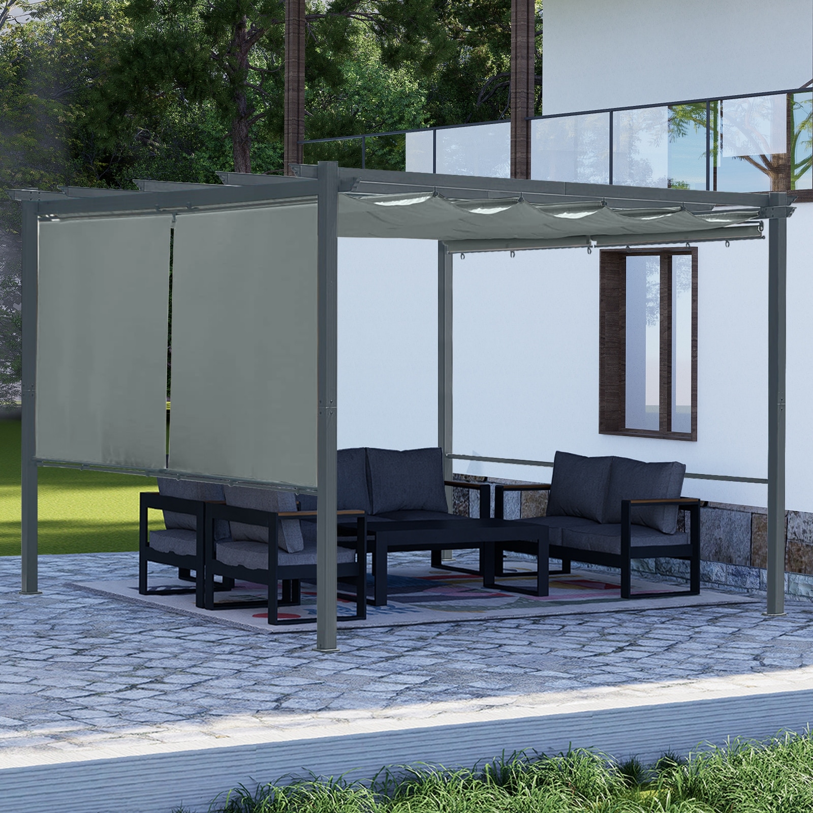 Aoodor 12' x 10' /12' x 12' Outdoor Retractable Canopy Pergola with 4 Pieces Roller Shade Curtain
