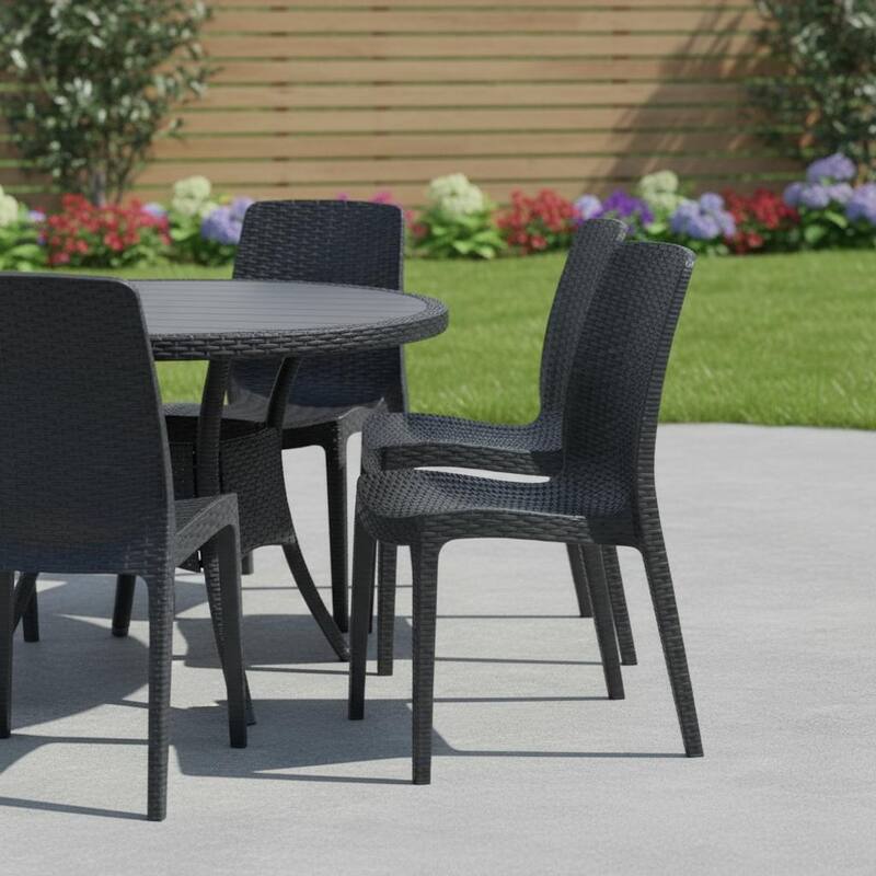 Set of Four Black Heavy Duty Plastic Outdoor Stacking Dining Chairs - Black