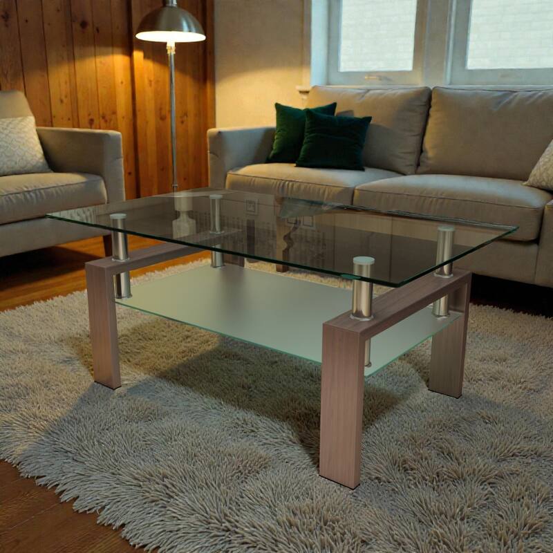 Rectangle Glass Coffee Table with Storage Shelf, Modern Clear Glass Coffee Table with Metal Frame