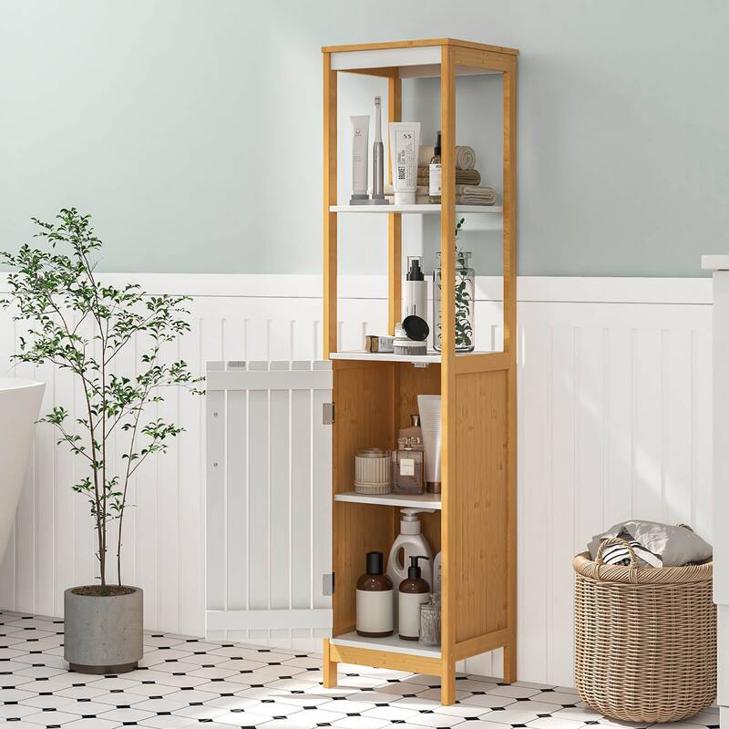 Gymax Tall Bathroom Floor Cabinet Bamboo Bathroom Storage w/Adjustable