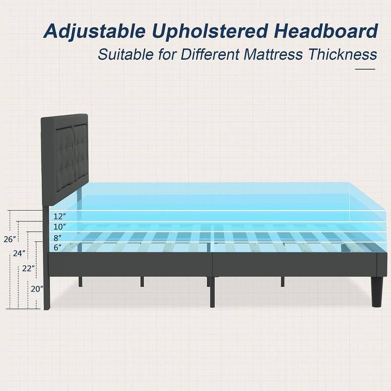 Strong Frame and Wooden Slats Support Bedframe，Platform Bed Frame with Linen Upholstered Headboard,Grey Bed Frames