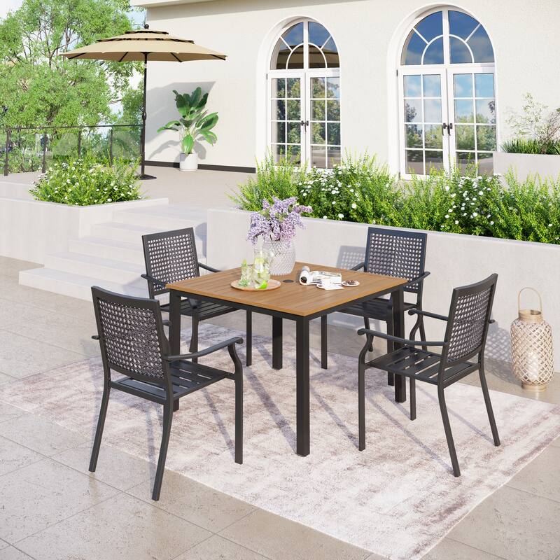 5-Piece Patio E-coating Dining Set of 4 Stackable Chairs & 1 Umbrella Hole Metal Table - Type B