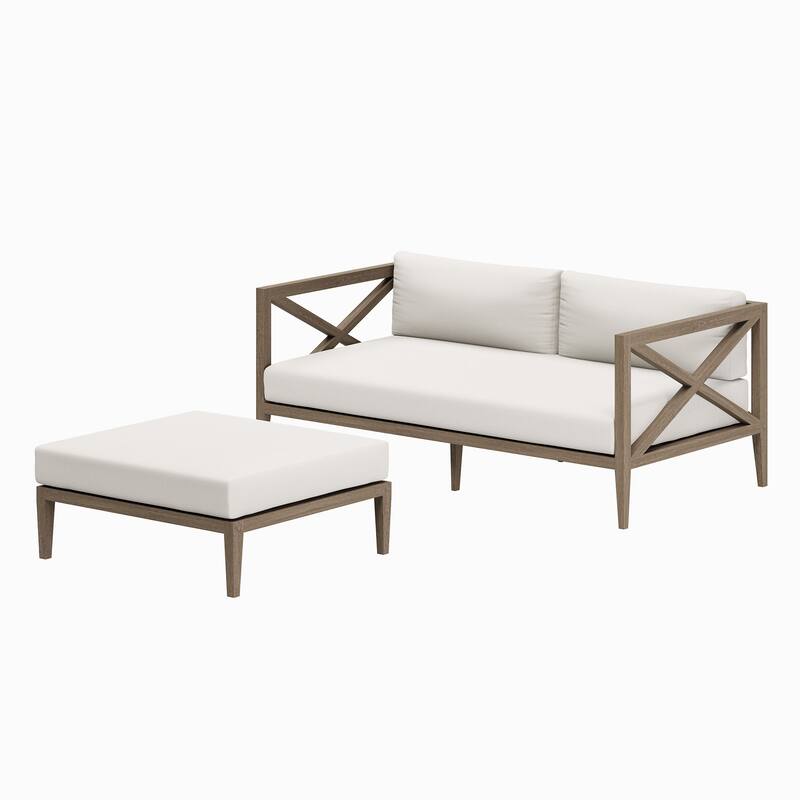 Northlake Outdoor Patio Teak Wood Loveseat and Ottoman Set - Weathered Gray