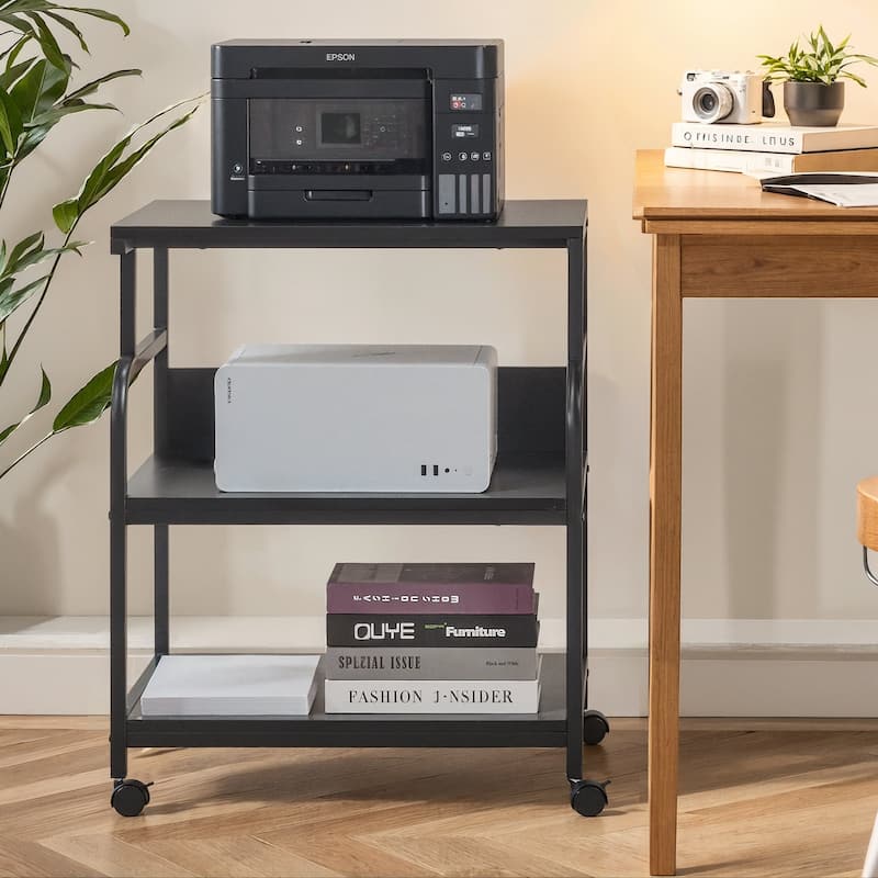 Javlergo 3-Tier Rolling Printer Stand with Locking Wheels Charging Station & AC/USB Outlets Mobile Office Storage Cart