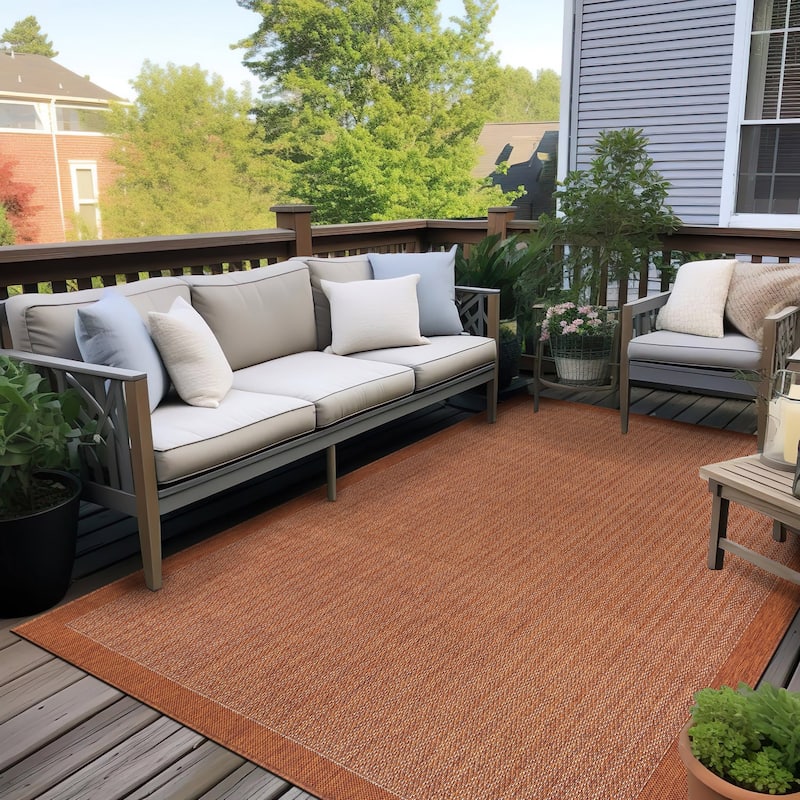 World Rug Gallery Contemporary Bordered Weather Resistant Reversible Indoor/Outdoor Area Rug - 5' x 7' - Rust