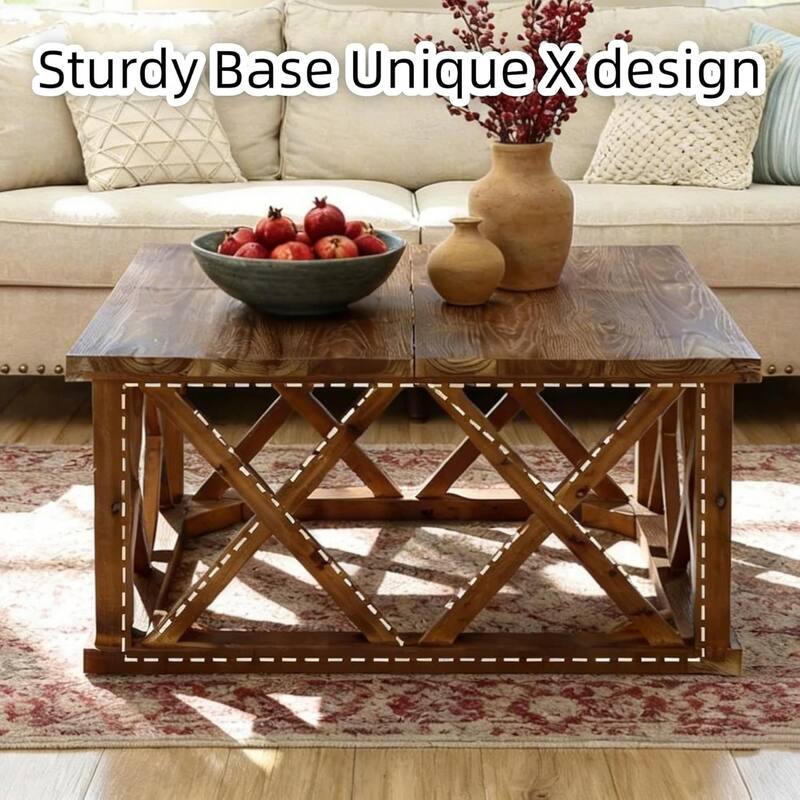 Solid Wood Coffee Table, 39.37-Inch Square, Farmhouse Style, Reinforced X-Frame, Brown, for Living Room, Apartment, Office