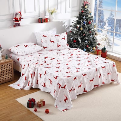 Christmas Soft Red Reindeer Bed Sheets Set with 16 Inches Deep Pocket