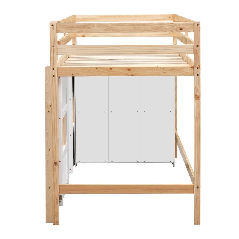 Wood Loft Bed Twin Size with Storage Wardrobe & 2 Windows Design
