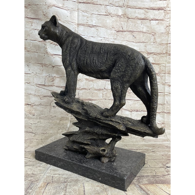 Mountain Imitative Lion Puma Panther Cougar Bronze Sculpture Statue Figure On Marble Base
