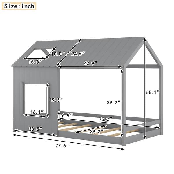 dimension image slide 2 of 4, Modern Twin Pine House Bed with Roof, Window, Sturdy Construction