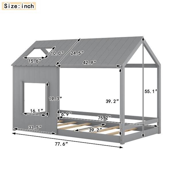 dimension image slide 1 of 4, Twin House Bed with Roof & Window - Whimsical Pine Wood Design for Kids