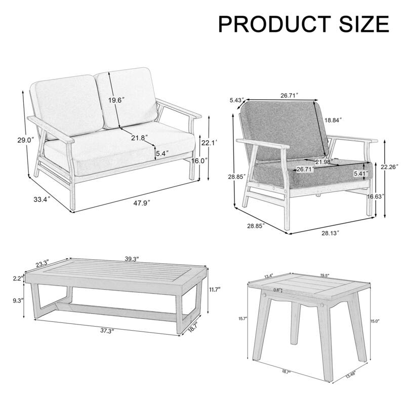 Modern Wood Cushioned Outdoor Patio Sofa Loveseat with Coffee Table