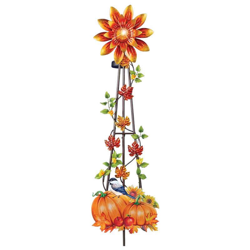 Solar Powered Autumn Sunflower Trellis Wind Spinner Garden Stake - 7.75 x 36.5 x 3