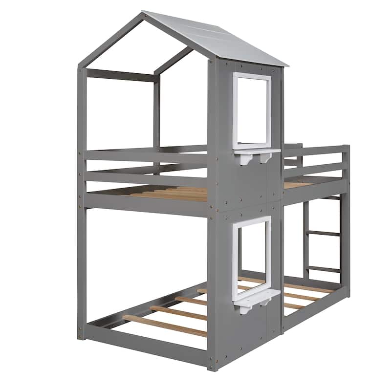 Grey Twin over Twin Solid Wood Bunk Bed with Roof, Window, Guardrail, and Ladder