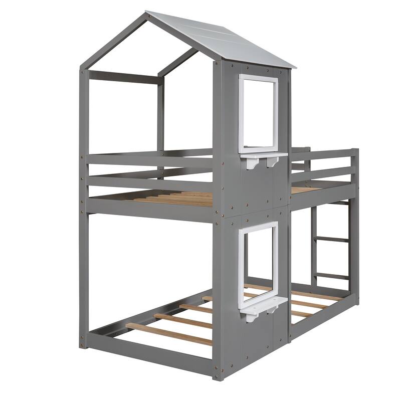 White Twin Over Twin Wood Bunk Bed with Roof, Window, Guardrail, and Ladder