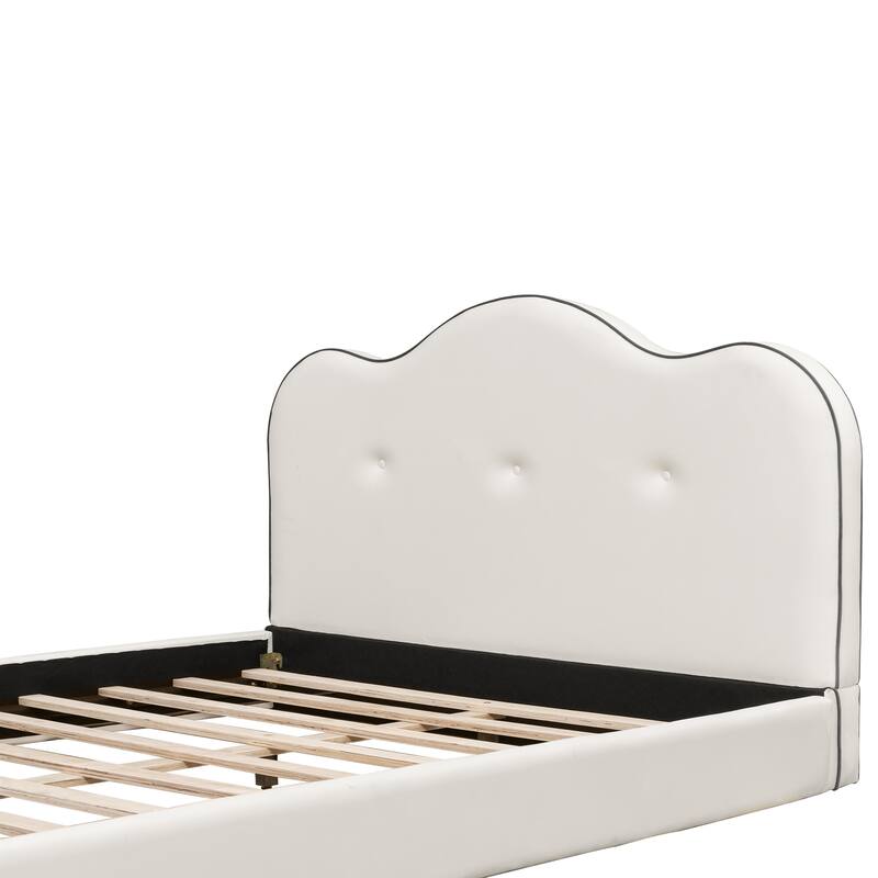 Modern Beige Upholstered Platform Bed with Curved Padded Headboard and Wood Slat Support, No Box Spring Needed