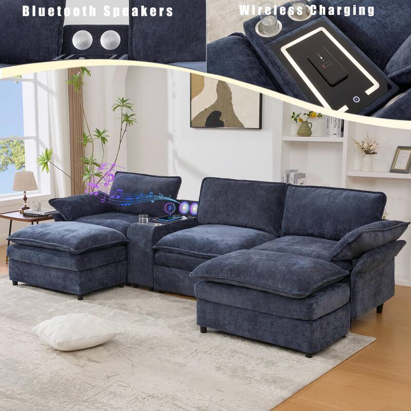 U-Shaped Chenille Modular Sofa with Bluetooth Speakers, Wireless Charging, Storage Console, 2 Cup Holders & Movable Ottoman