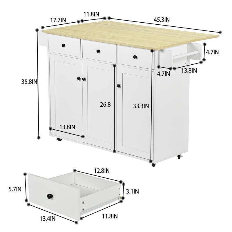 Homy Casa Oak White Kitchen Cabinet with Casters, 3 Drawers & 3 Doors