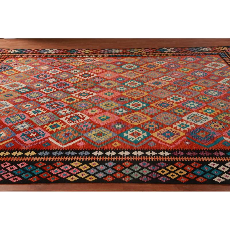 Kilim Oriental Area Rug Flatweave Orange Reversible Wool Carpet - 9'9"x 13'0"