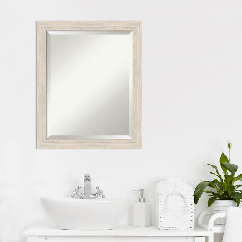 Beveled Wood Bathroom Wall Mirror - Hardwood Whitewash Narrow Frame - Hardwood White Wash Narrow