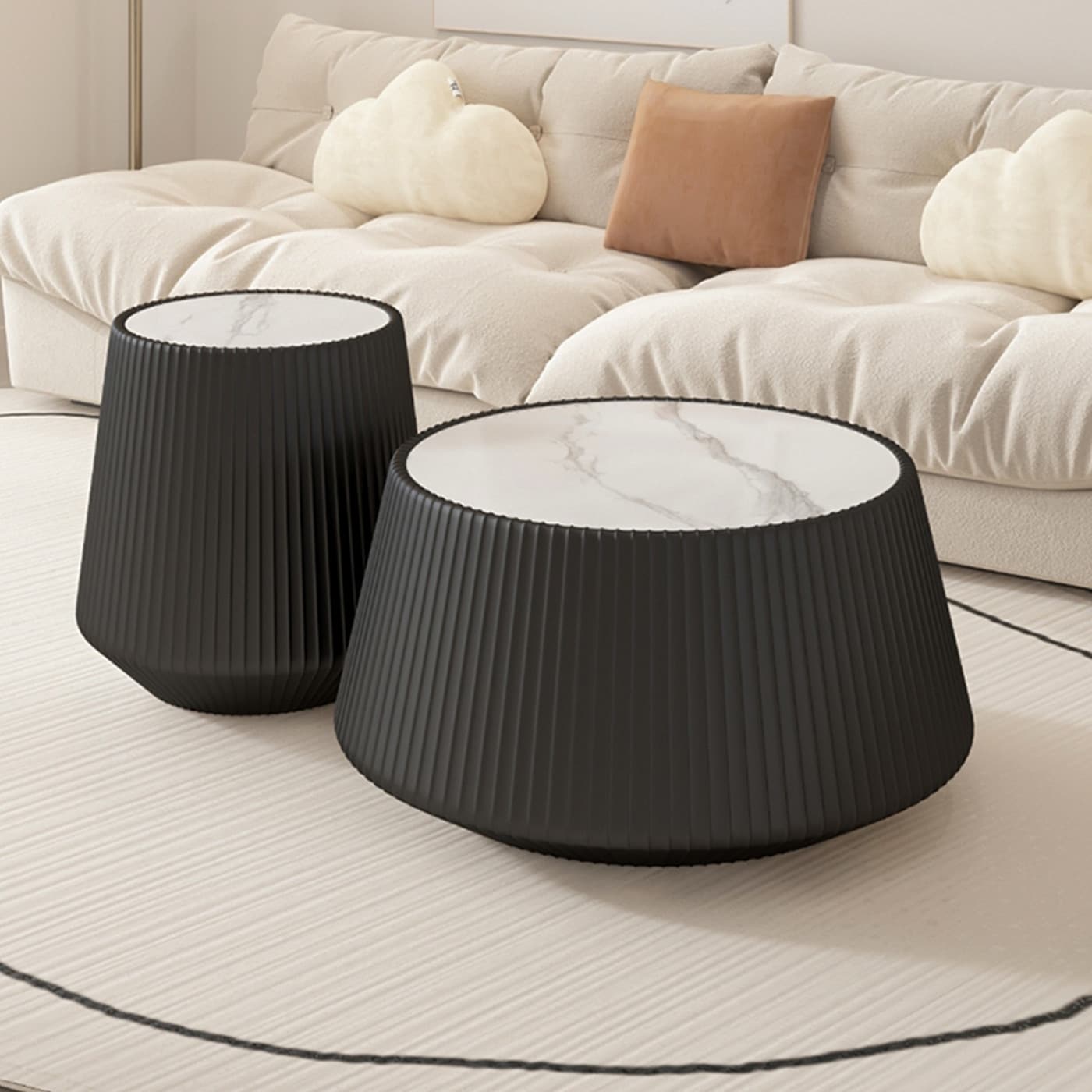 Light Sintered Stone Top with Unique Grey Pattren Cup Shape Leather Coffee modern Sofa Table in Black