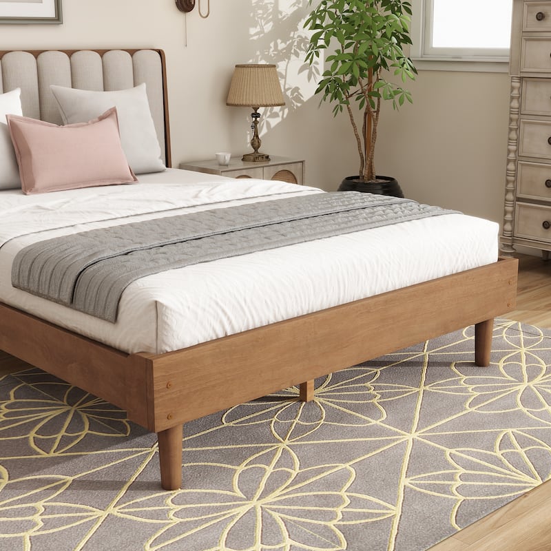 Wheat Wooden Bed Frame with Piano Key Style Upholstered Headboard, Strengthened Bed Frame Slat Support