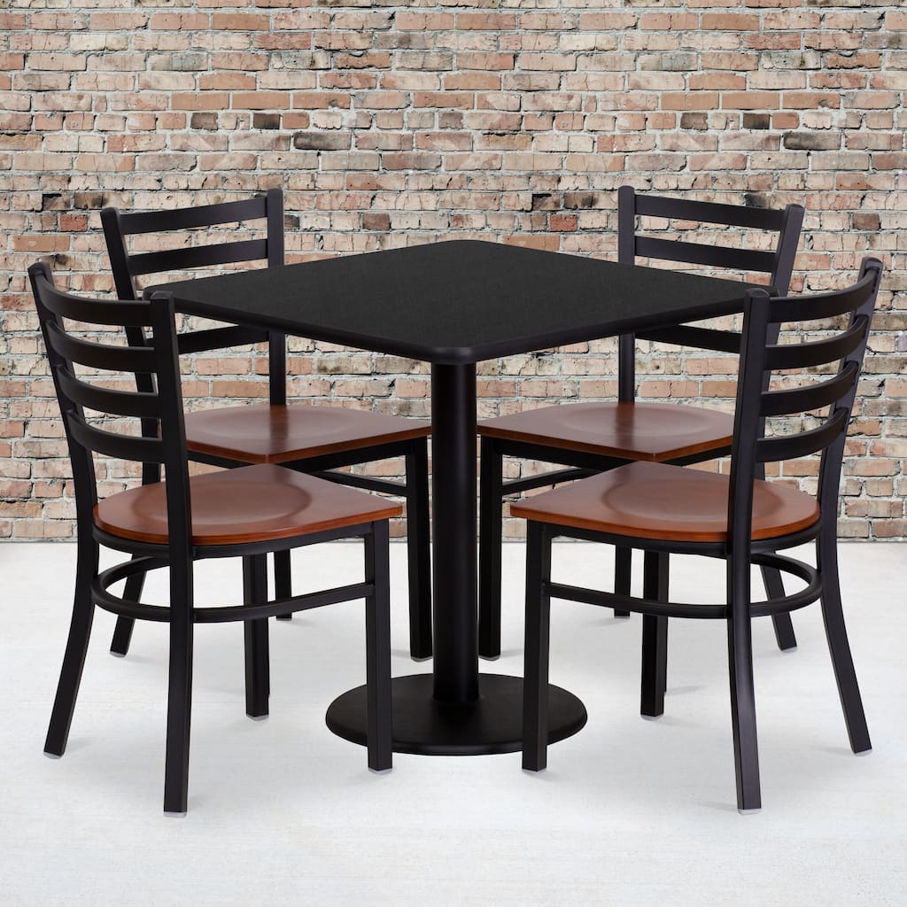 30" Square Laminate Table Set with 4 Metal Chairs - Cherry Wood Seat