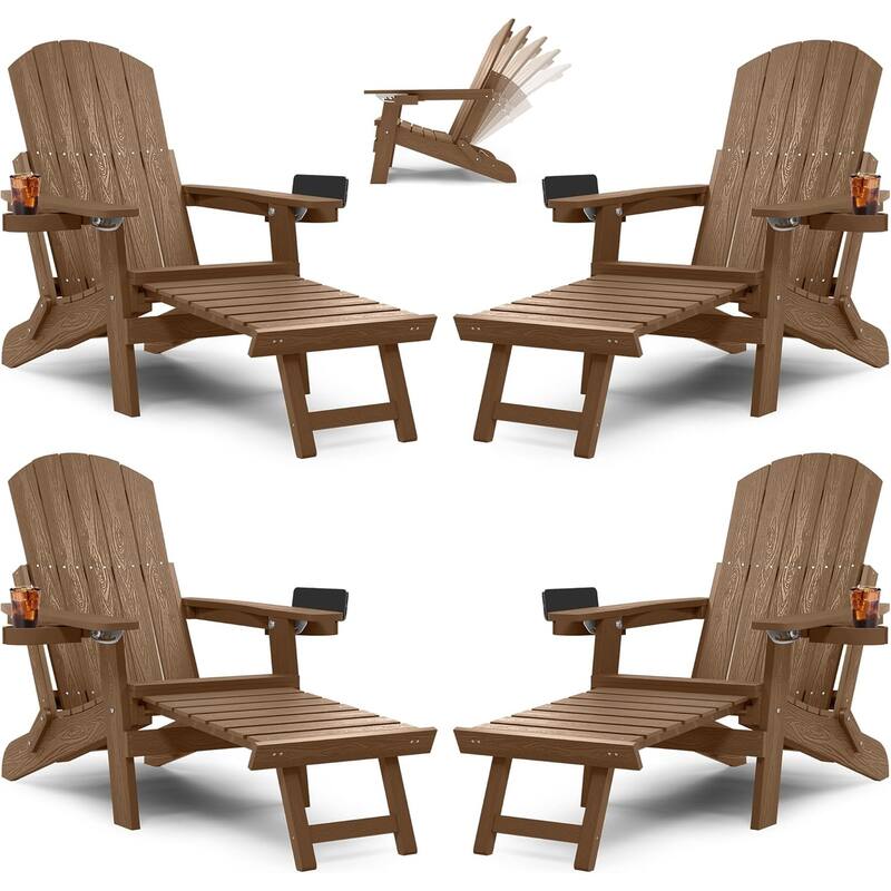 WINSOON All Weather HIPS Folding Adirondack Chair 5-Gear Adjustable Backrest Chairs with Retractable Ottoman Set of 4 - Brown