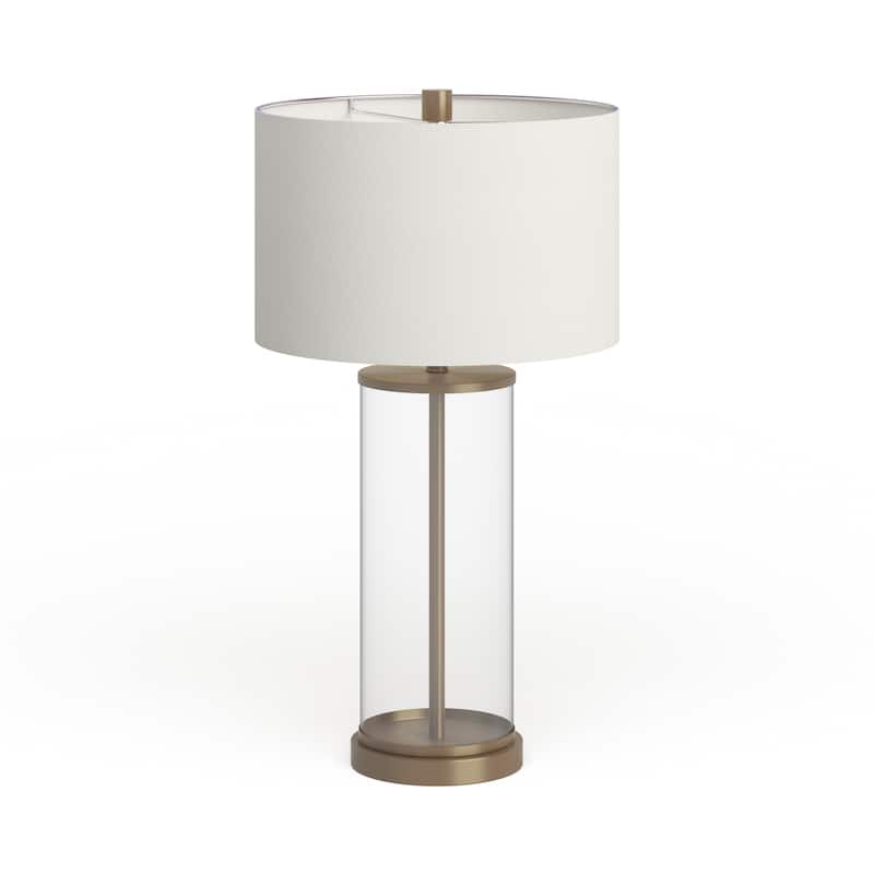 Reeves Cylindrical Clear Glass & Antique Brass Table Lamp with Linen Shade