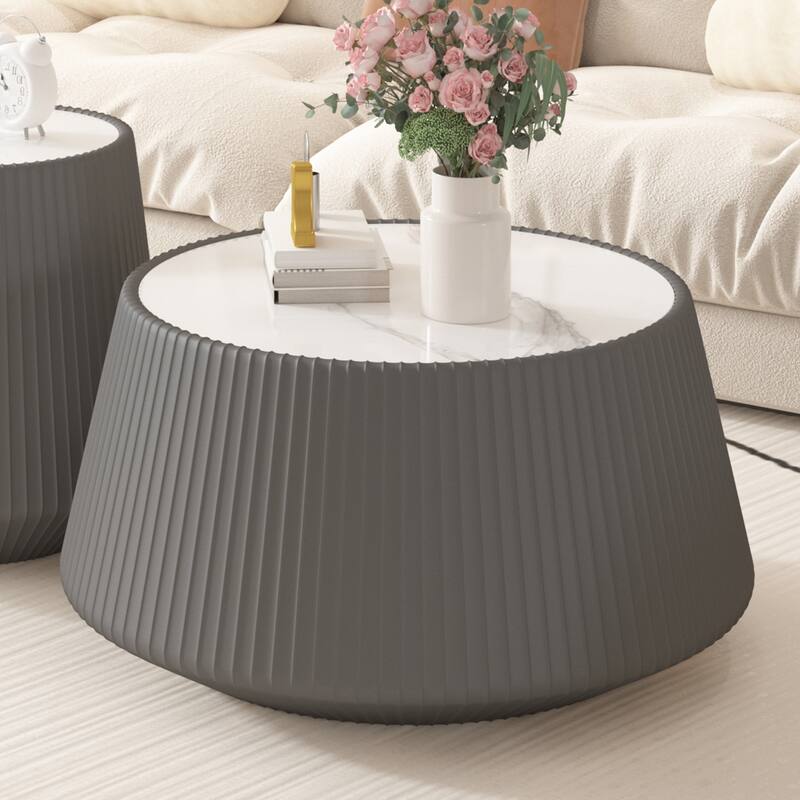 Light Sintered Stone Cup Shape Leather Coffee Table - Grey Pattern Style
