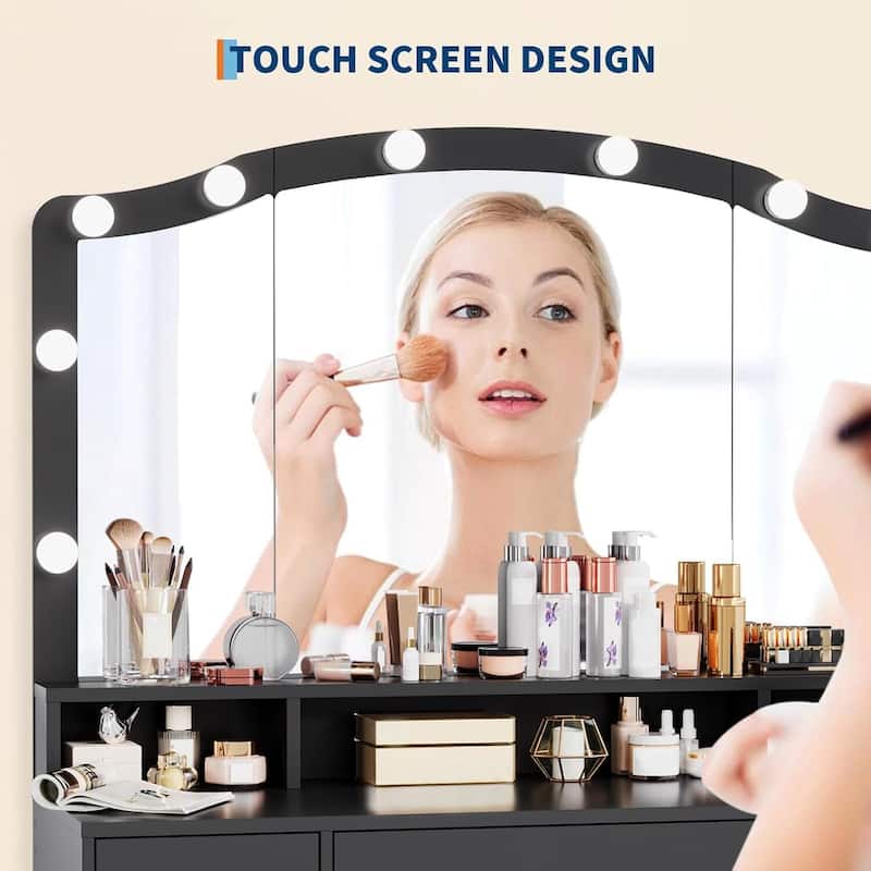 3 Drawers Makeup Vanity Desk, Dressing Table with LED Lights and Stool