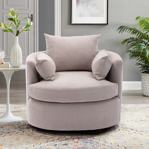 Linen Upholstered Swivel Barrel Accent Chair with Pillows. Opens flyout.