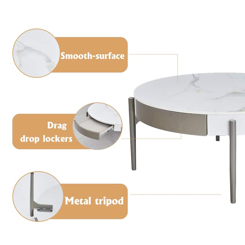31.49" Ceramic Tile Round Coffee Table with Sintered Stone Top, Storage Drawers