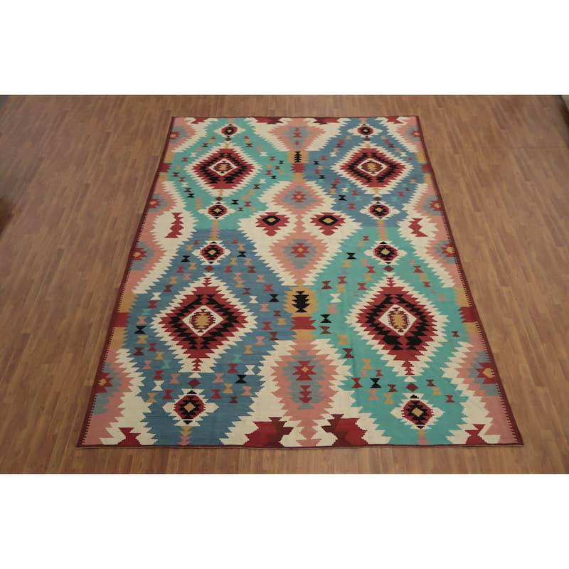 Hand Woven Oriental 100% Wool Carpet Southwestern Tribal Multi-Colored Kilim Area Rug - 14' 1'' X 10' 4''