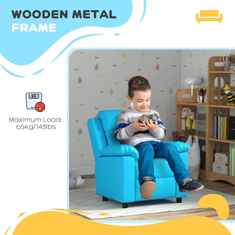 Blue Convertible Recliner Kids Sofa Chair for 3-9 Years with Padded Back and PU Cover - 23.6" W x 25.6" D x 29.5" H
