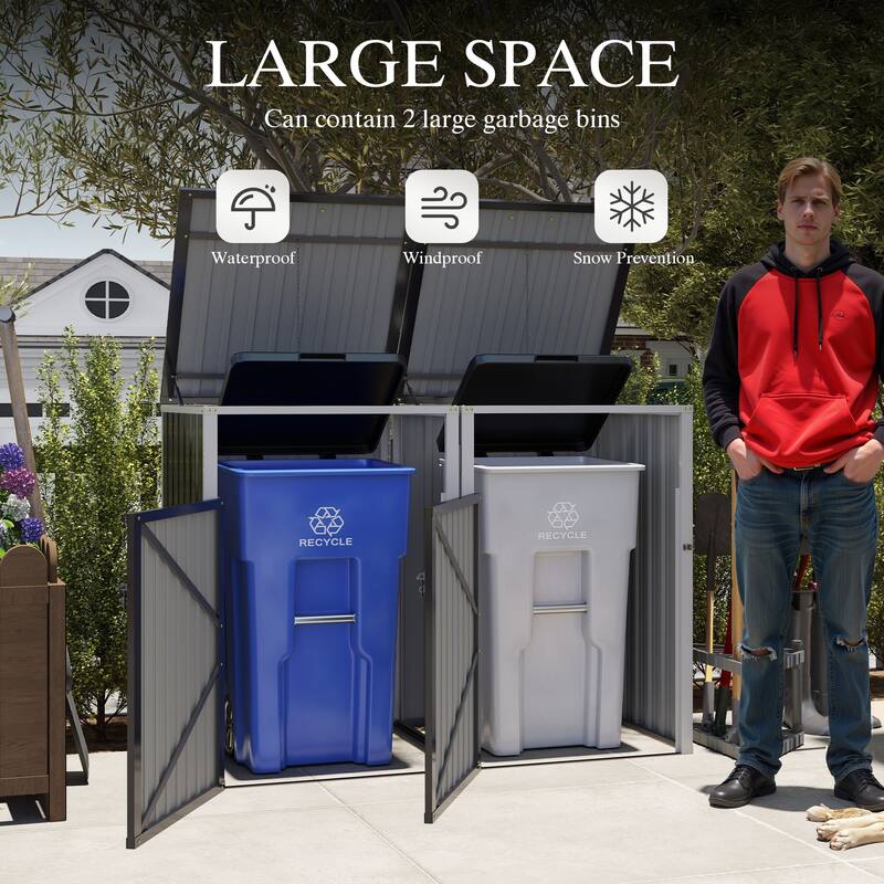 Garbage Bin Shed Stores 2 Trash Cans Metal Outdoor Bin Shed for Garbage Storage, 54 cubic feet of space