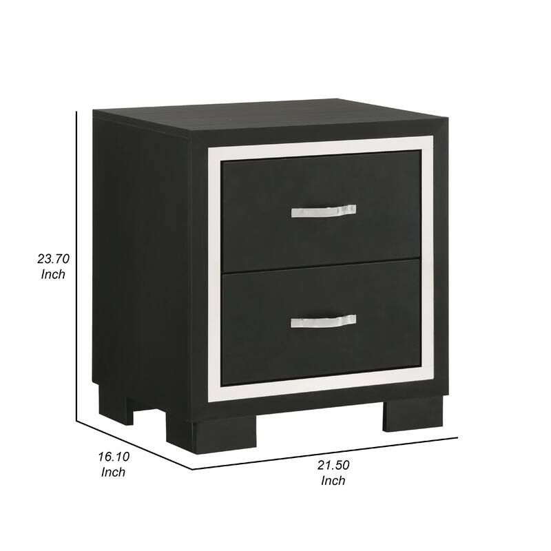 Geny Nightstand, 2 Drawers, Silver Trim and Metal Handles, Black Wood