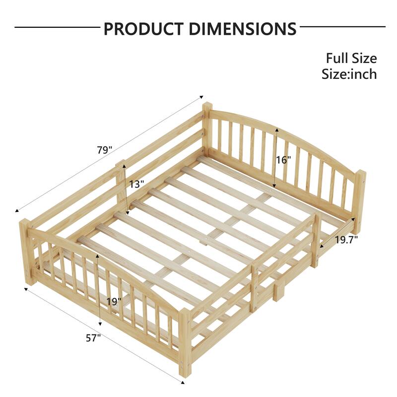 Montessori Floor Bed with Fence - Full/Twin Solid Wood, Slats & Safety Guardrails, Easy Assemble