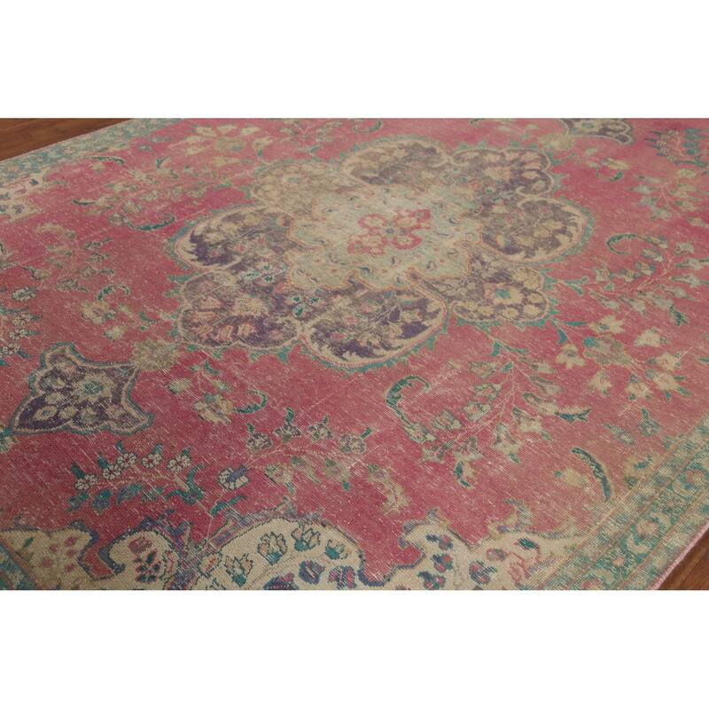 Pink Tabriz Persian Antique Area Rug Handmade Wool Carpet - 7'5"x 10'1"