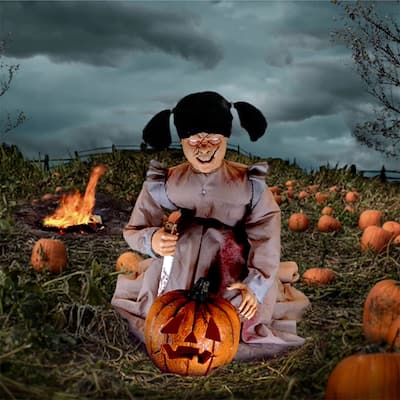Haunted Hill Farm Lunging Pumpkin Carver Zombie Girl with Jack O'Lantern by Tekky, Premium Talking Halloween Animatronic