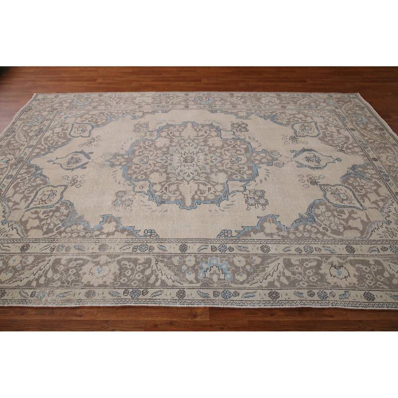 Distressed Tabriz Persian Area Rug Handmade Vintage Wool Carpet - 6'5" x 9'4"