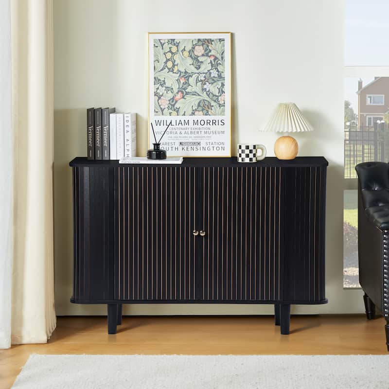 Wooden 47in 2-Door Curved Design Storage Cabinet Sideboard - Black