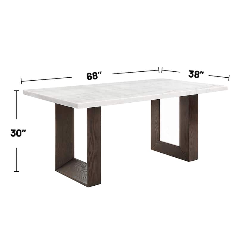 Rectangular Natural Marble Dining Table with Double U-Shape Base in White and Espresso - White/Espresso