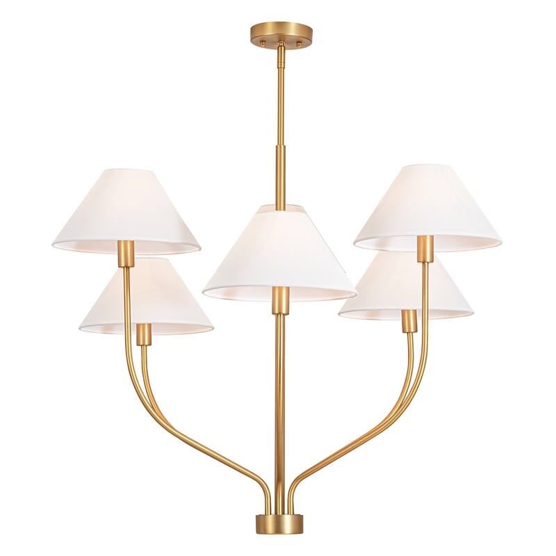 6-Light Modern Gold/Matte Black Sputnik Staggered Large Chandelier with Cone White Fabric Shade
