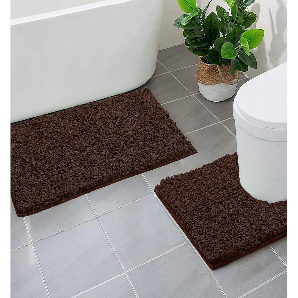 2 Piece Set Brown Soft Cozy Plush Chenille Bath Mat Bathroom Rug