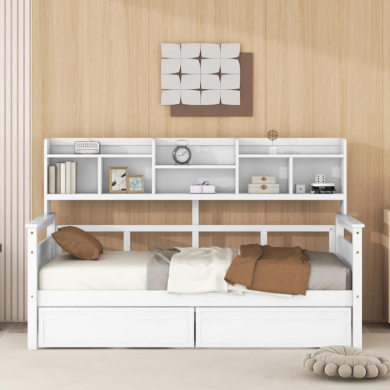 White Twin Daybed with Wood Slats, Shelves & 2 Drawers - Space-Saving Multi-Functional Furniture