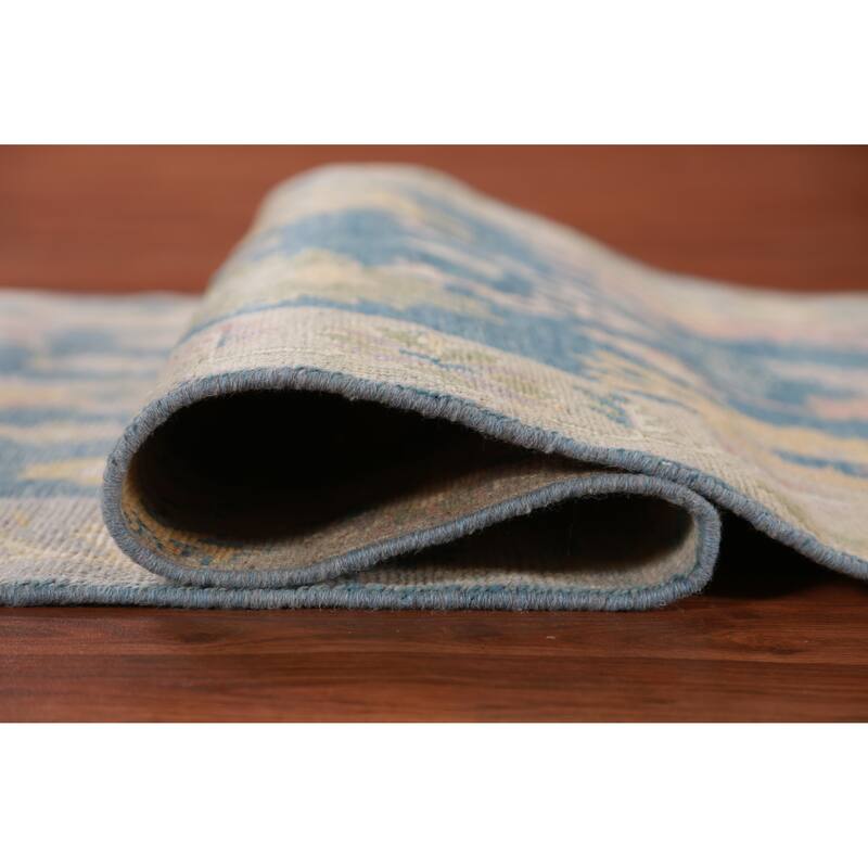 Hand Knotted Oriental 100% Wool Carpet Transitional Floral Navy Blue & Blues Oushak Runner Rug - 11' 7'' X 2' 10''