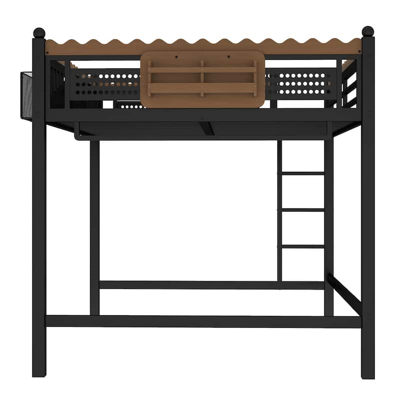 Modern Metal Loft Bed with Shelves & Bookshelf, Ladder Entry, No Box Spring Needed, Multi-Size