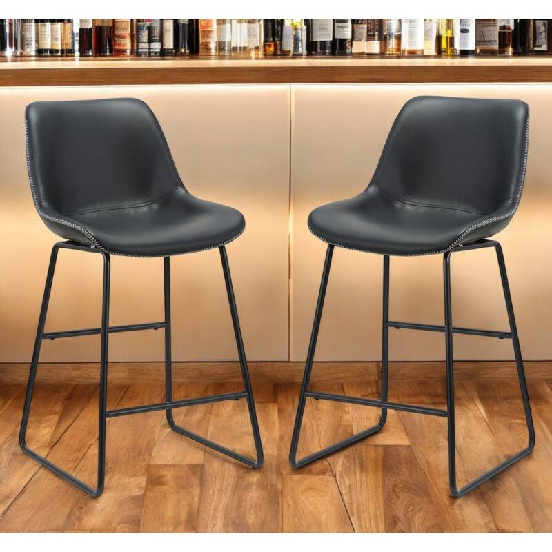 HomeRoots Set of Two Black Faux Leather and Metal Low Back Counter Height Bar Chairs - Adjustable - Black - Set of 2